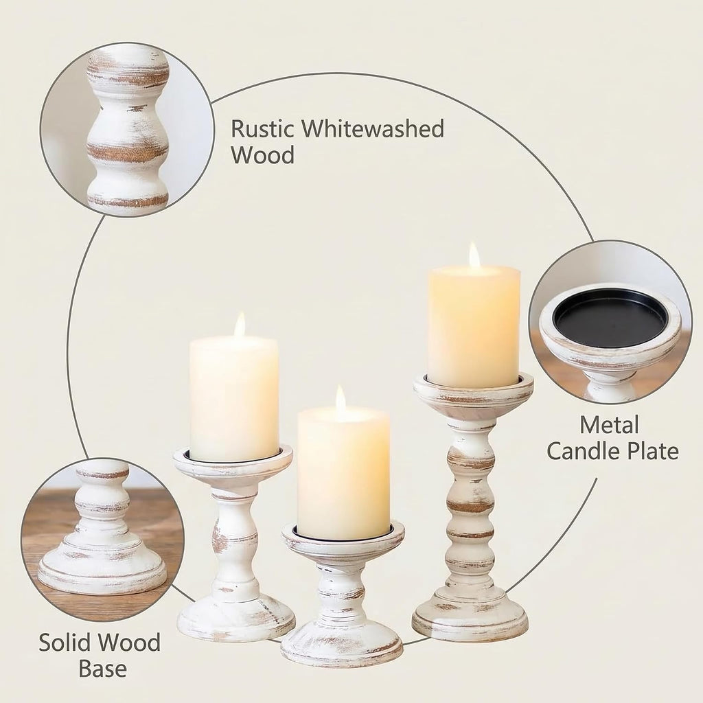 Wood Candle Holders for Pillar Candles - Set of 3 Tall Farmhouse Wooden Candlestick Holder, Rustic Candle Stand for