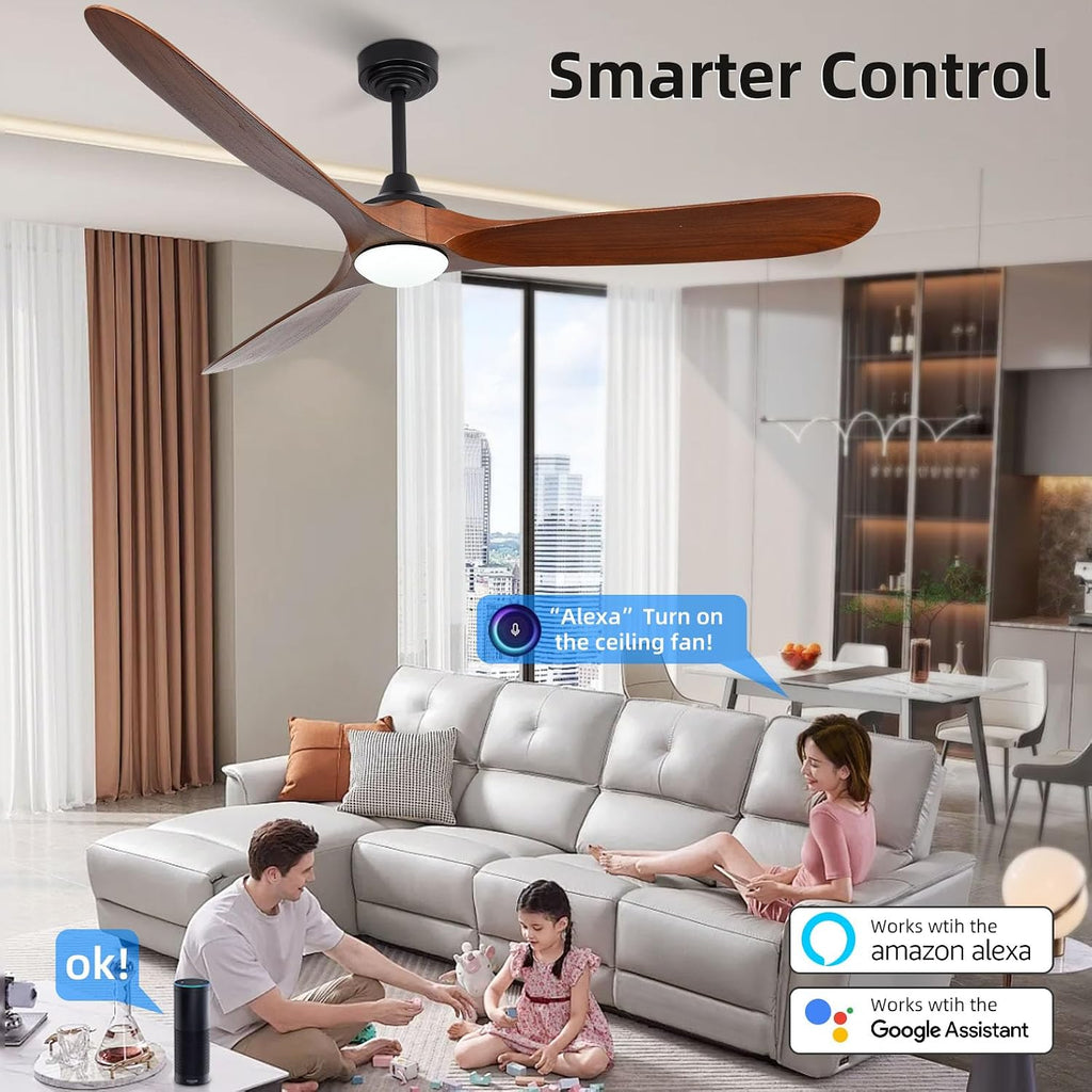 Inspired Maverick Style Fan - 72 Inch Solid Wood Ceiling Fan with Light and Remote, Quiet DC Motor, Smart App & Voice Control - Walnut