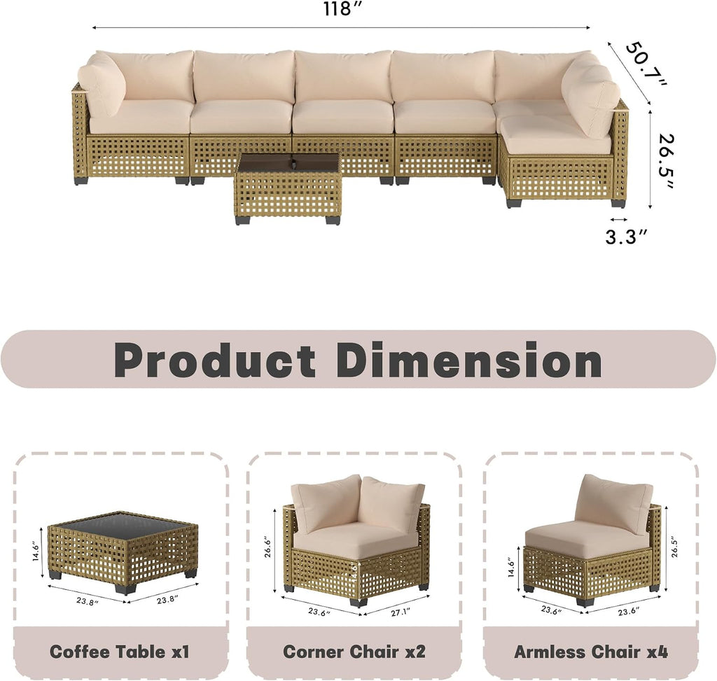 Patio Furniture Set, 7-Piece Outdoor Sectional Couch with Coffee Table & Thick Cushions, Outdoor Wicker Conversation