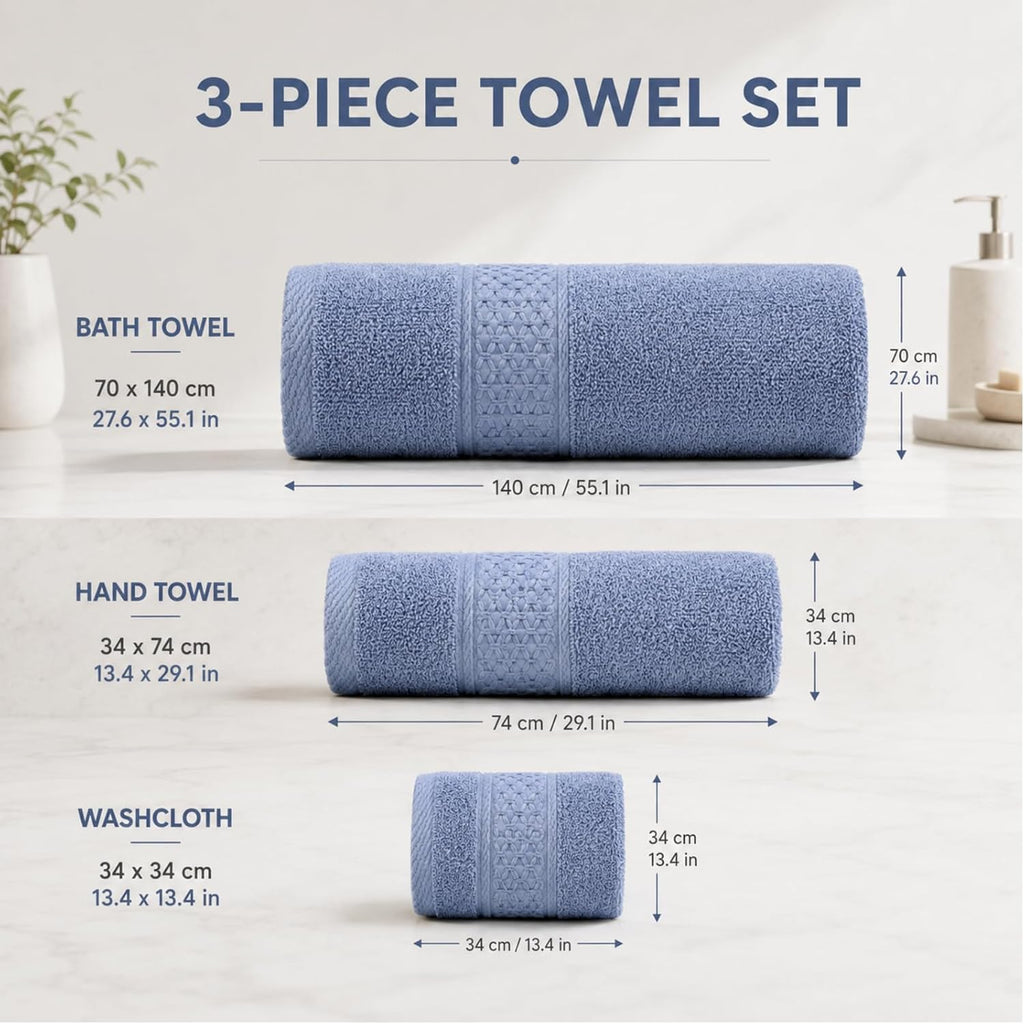 Onuia Luxury Bath Towels Set, 3 Piece Egyptian Cotton Towel Set with Large Bath Towel, Hand Towel and Washcloth