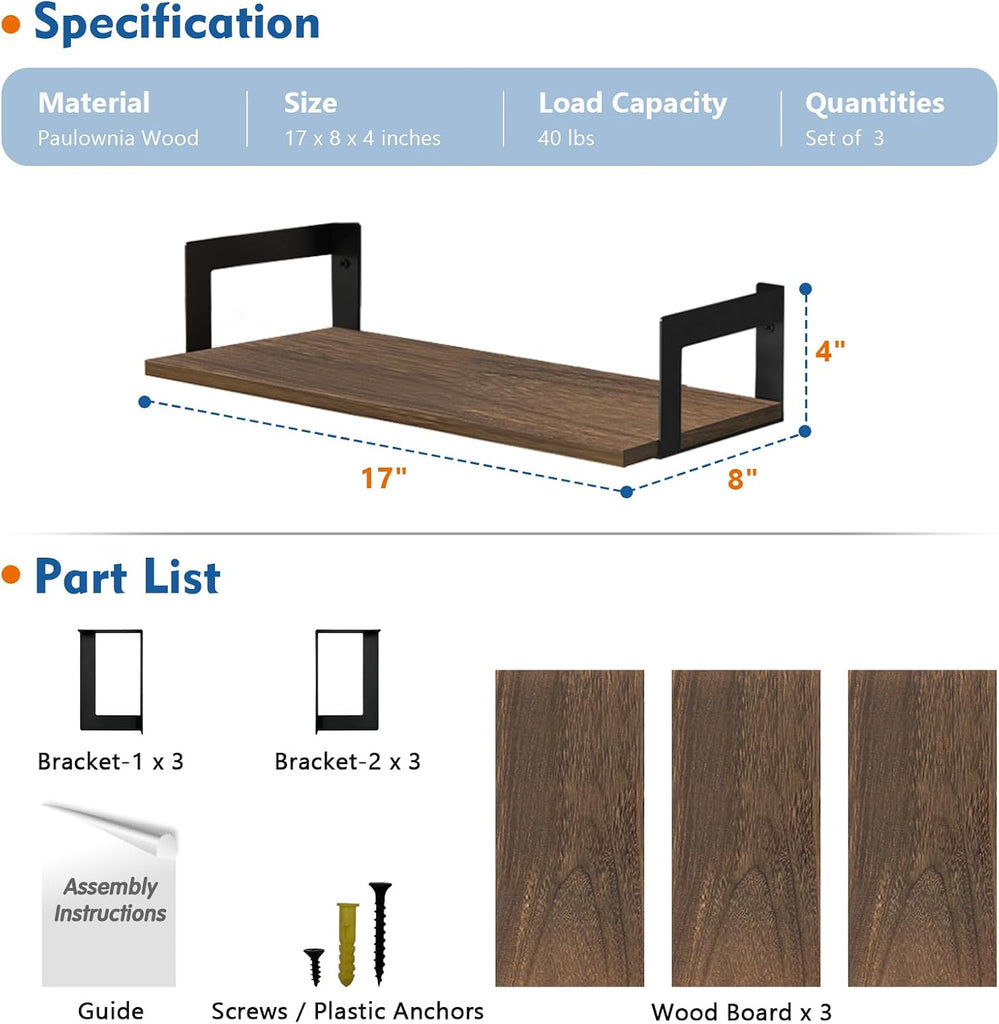 Floating Book Shelves for Wall Set of 3, 17 x 8 Inch Deep Wooden Wall Bookshelf Office, Rustic Wood Hanging Wall