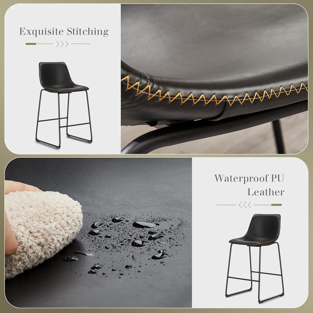 Bar Stools Set of 2, 26 Inch Counter Height Faux Leather Barstools with Back, Modern Metal Leg Bar Chairs