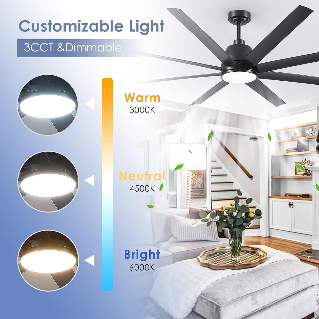 72" Black Ceiling Fan with Lights and Remote Control - Large Industrial Ceiling Fan with 8 ABS Blades, Dimming, DC Motor Reversible, Indoor/Outdoor Modern Ceiling Fan for Living Room, Black