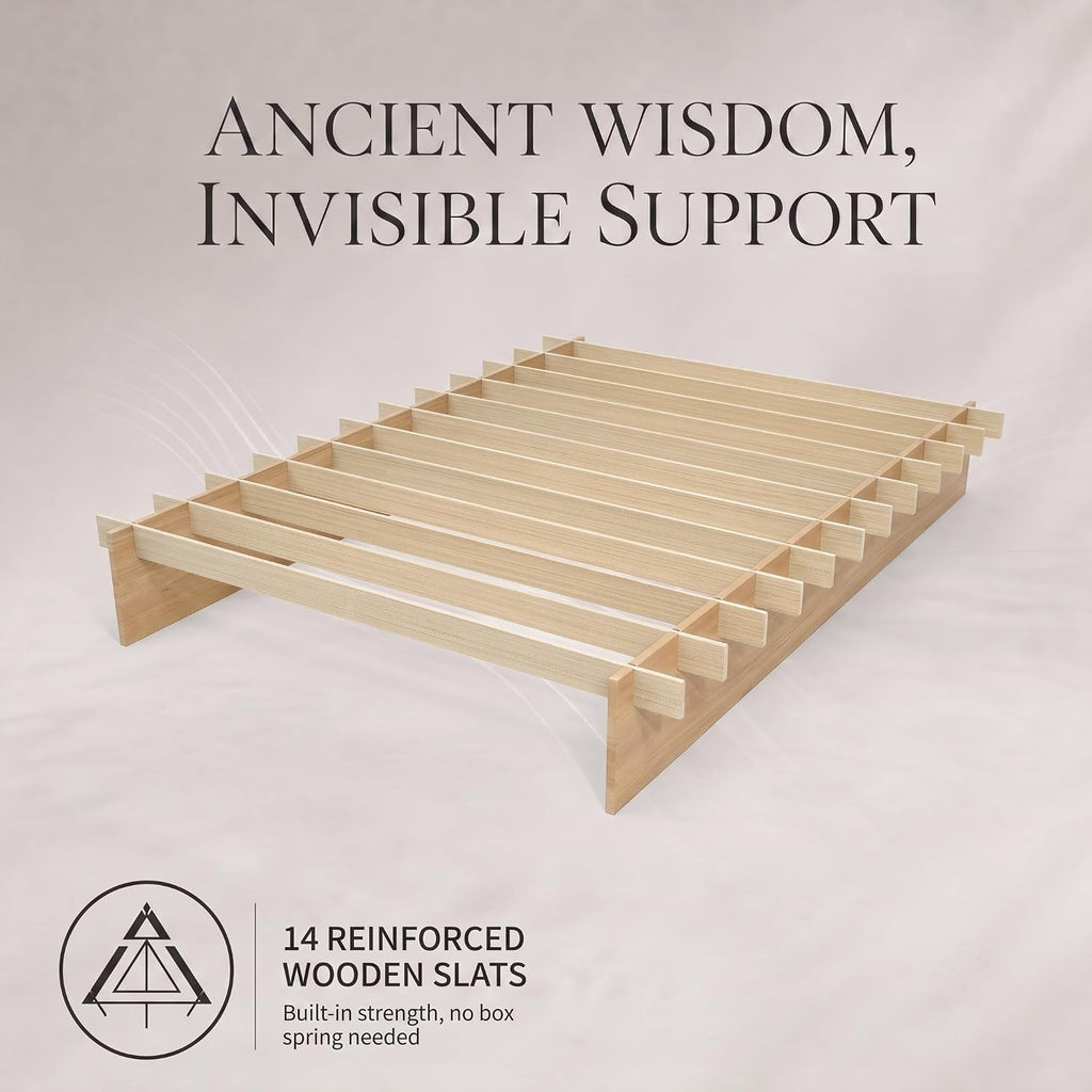 Queen 100% Solid Wood Platform Bed Frame, No Tools Japanese Joinery Wood Bed Frame with Wooden Slat, 8" Under‑Bed