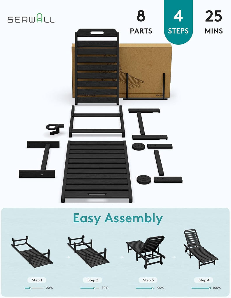 HDPE Outdoor Chaise Lounge Set of 2 with Cup Holder & Wheels, Black | Weather-resistant chaise lounge resists fading