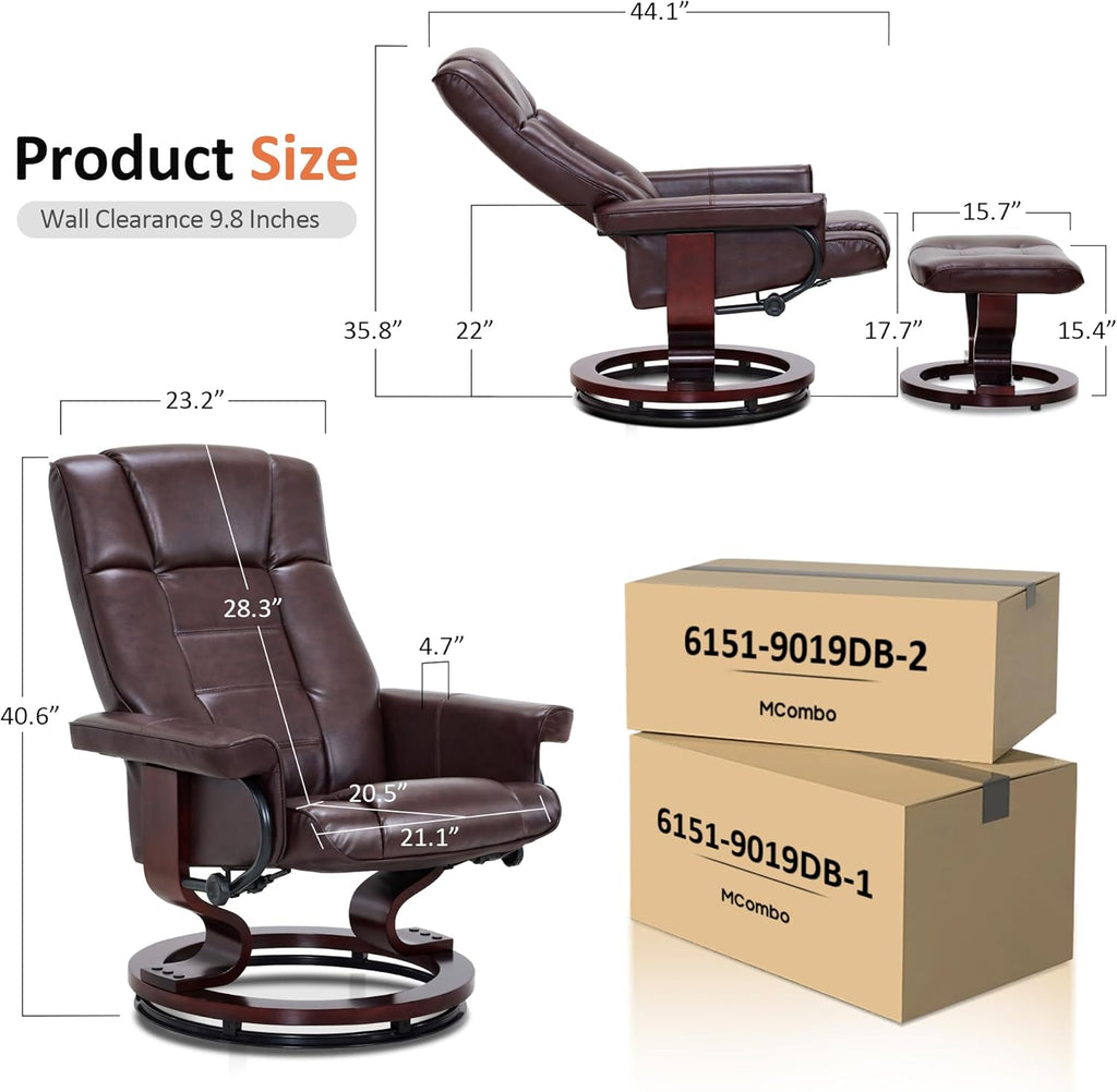 Modern Reclining Swivel Lounge Chair and Ottoman — Brown Faux Leather