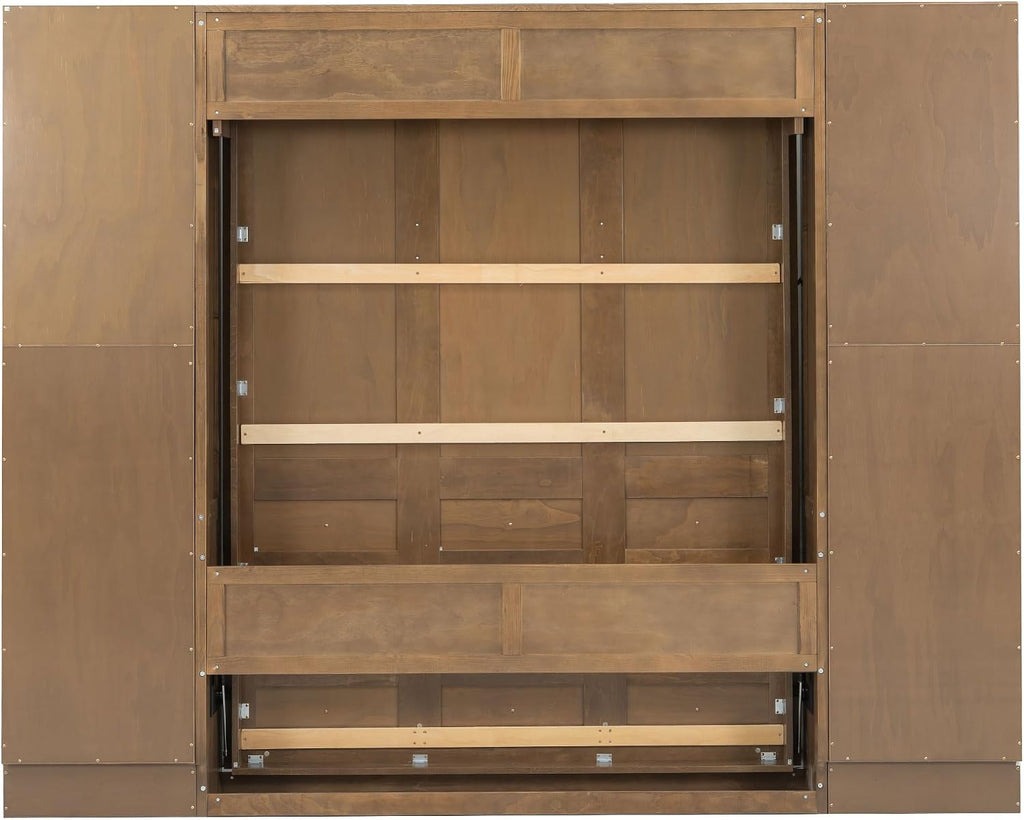 Queen Murphy Bed with Storage, Solid Wood Foldable Wall Platform Bed Frame with Storage Shelves and Cabinets for