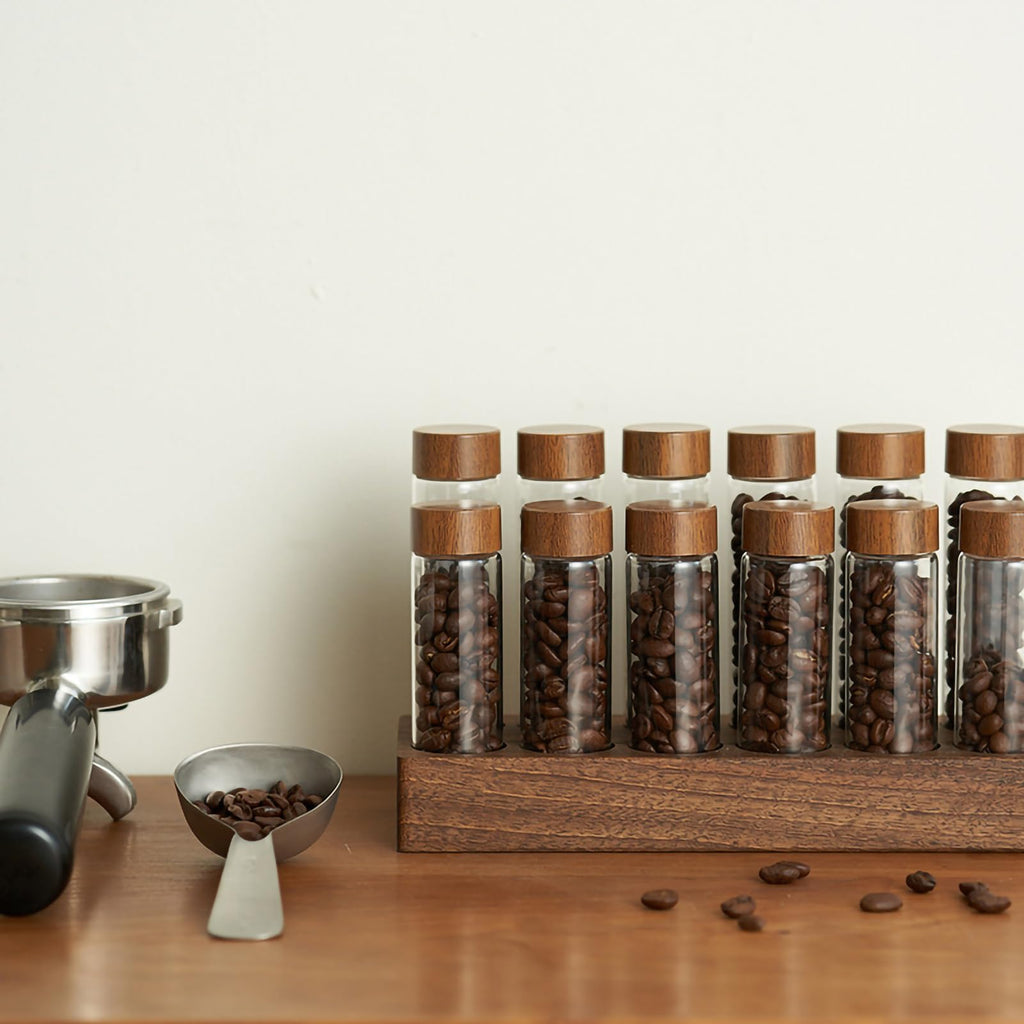 Coffee Bean Storage, Coffee Storage Container with Walnut Solid Wood Base, Coffee Bean Container, 12 Tubes Single Dose