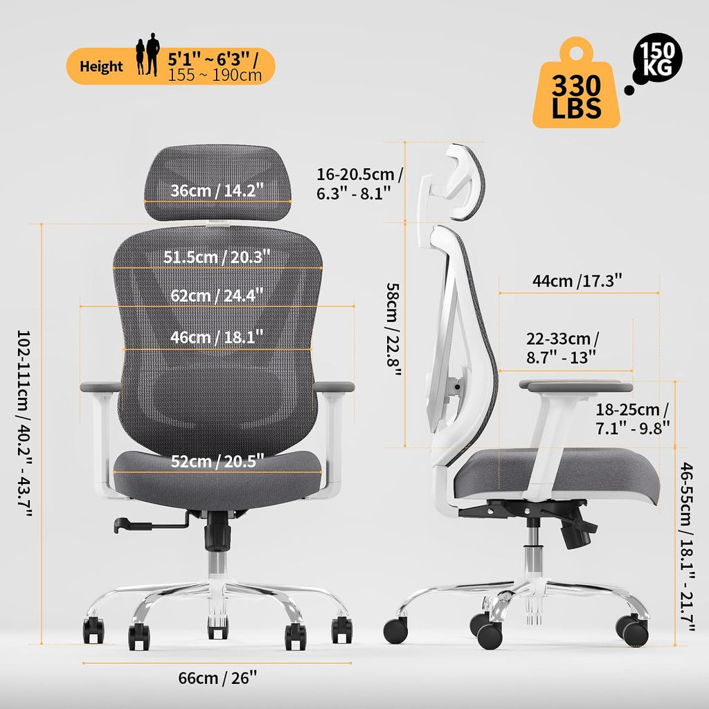 Ergonomic Mesh - 3D Adjustable Lumbar Support & 3D Armrests, V-Shaped Back, Adjustable Desk Chair for Office & Home