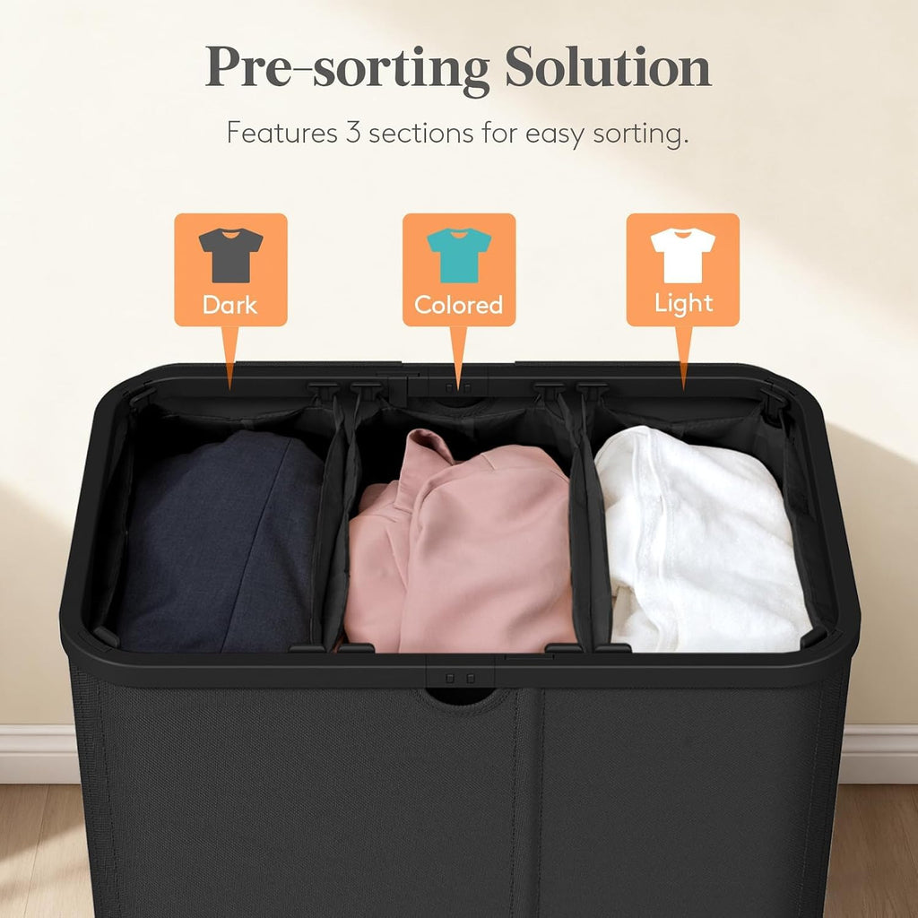 185L 3 Section Laundry Hamper with Lid, Large Laundry Basket with Handles and Removable Bags, Tall Clothes Hamper