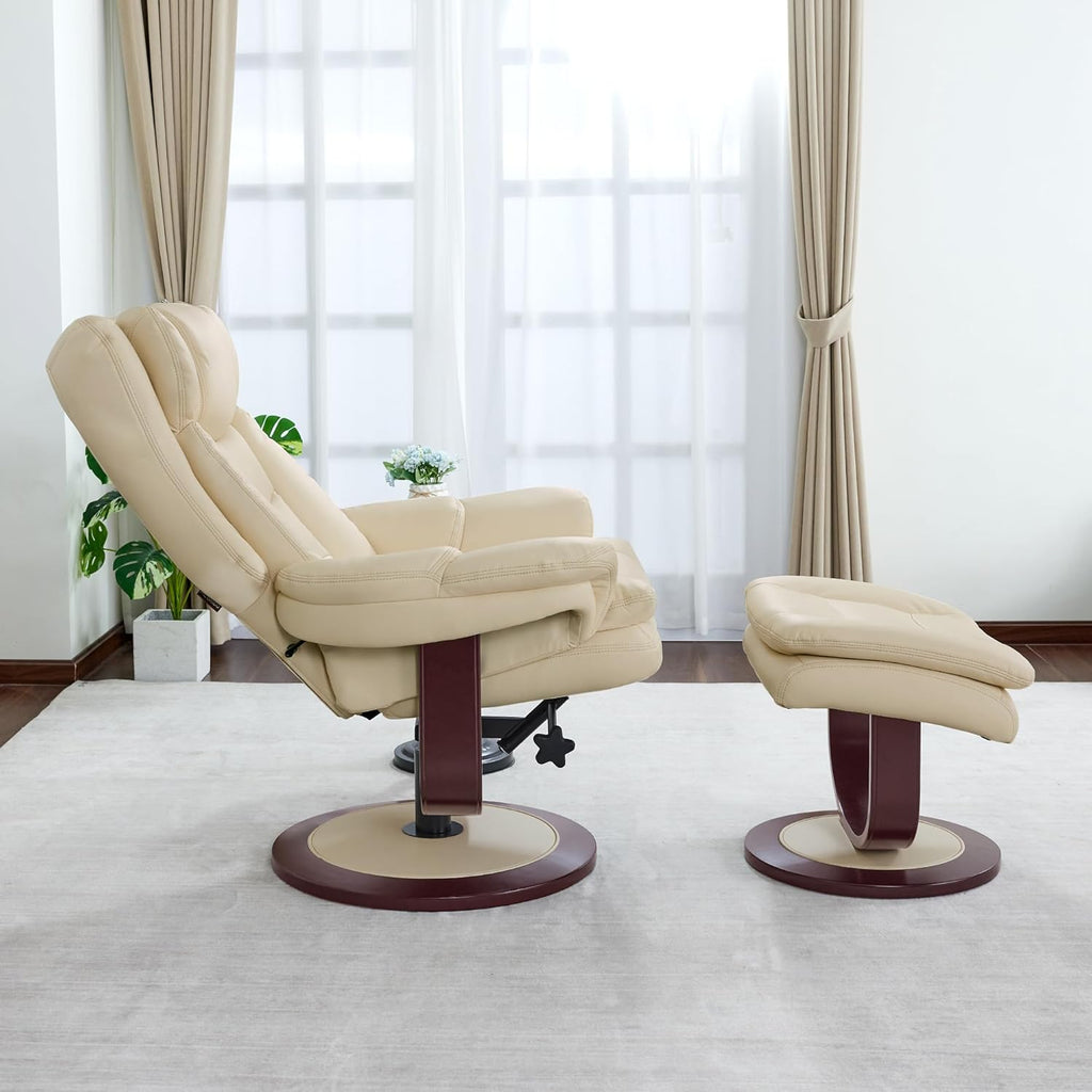 Modern Reclining Swivel Lounge Chair and Ottoman — White Faux Leather