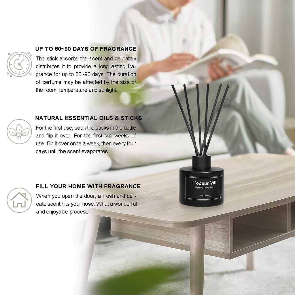 Vill Reed Diffuser, 3.4oz(100ml) Juicy Lemon Reed Diffuser Set with 6 Oil Diffuser Sticks, Matte Black Aroma Scent
