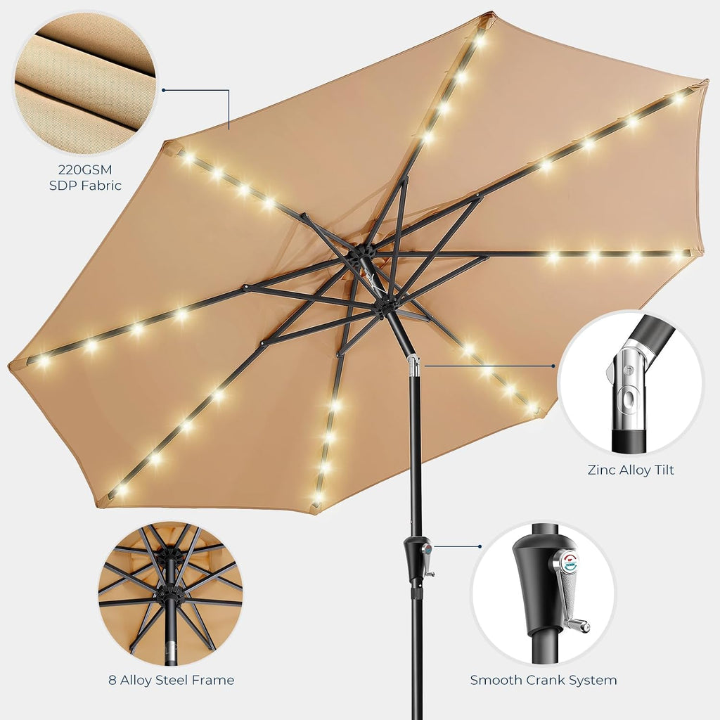 9ft Solar Patio Umbrella - Solar Lights LED Lighted Outdoor Market Table Umbrella