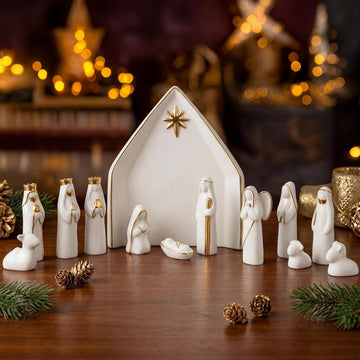 Ceramic 13Pcs Nativity Scene Set with Gold Trim