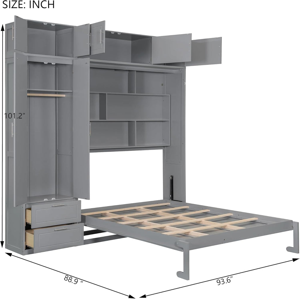 Queen Murphy Bed with Shelves, Top Cabinet and Wardrobe, Fold into The Wall, Multifunctional Foldable Platform Bed