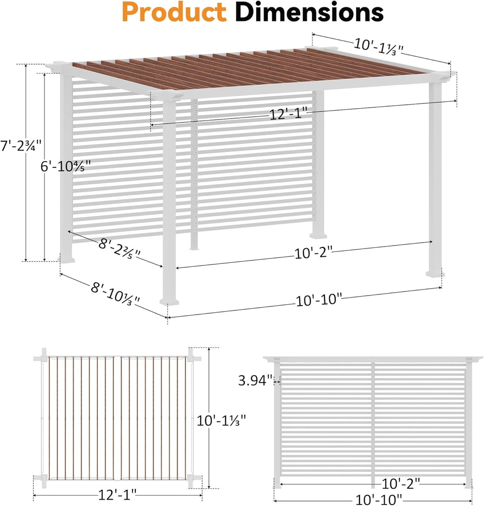 Modern Shade Open Sky 10'x12' Pergola Cabana, Modern Outdoor Pergola with White Privacy Curtains & Back Privacy Wall