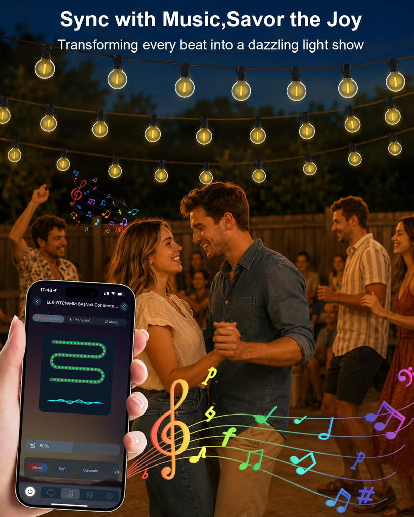 Outdoor String Lights, Smart APP & Remote Control Dimmable Patio Lights with Timer, Plug in LED String Lights