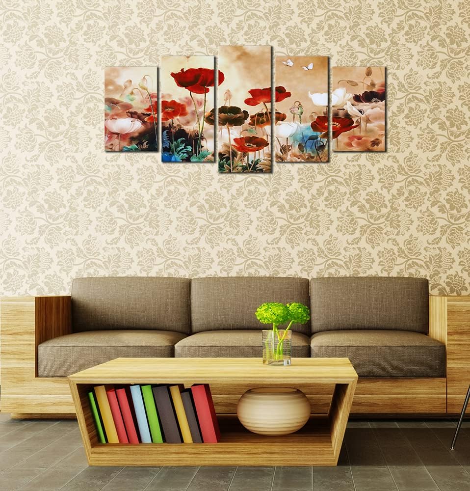 Blooming Poppies 5 Piece Canvas Prints Wall Art Colorful Floral Pictures Paintings Home Decorations Modern Stretched