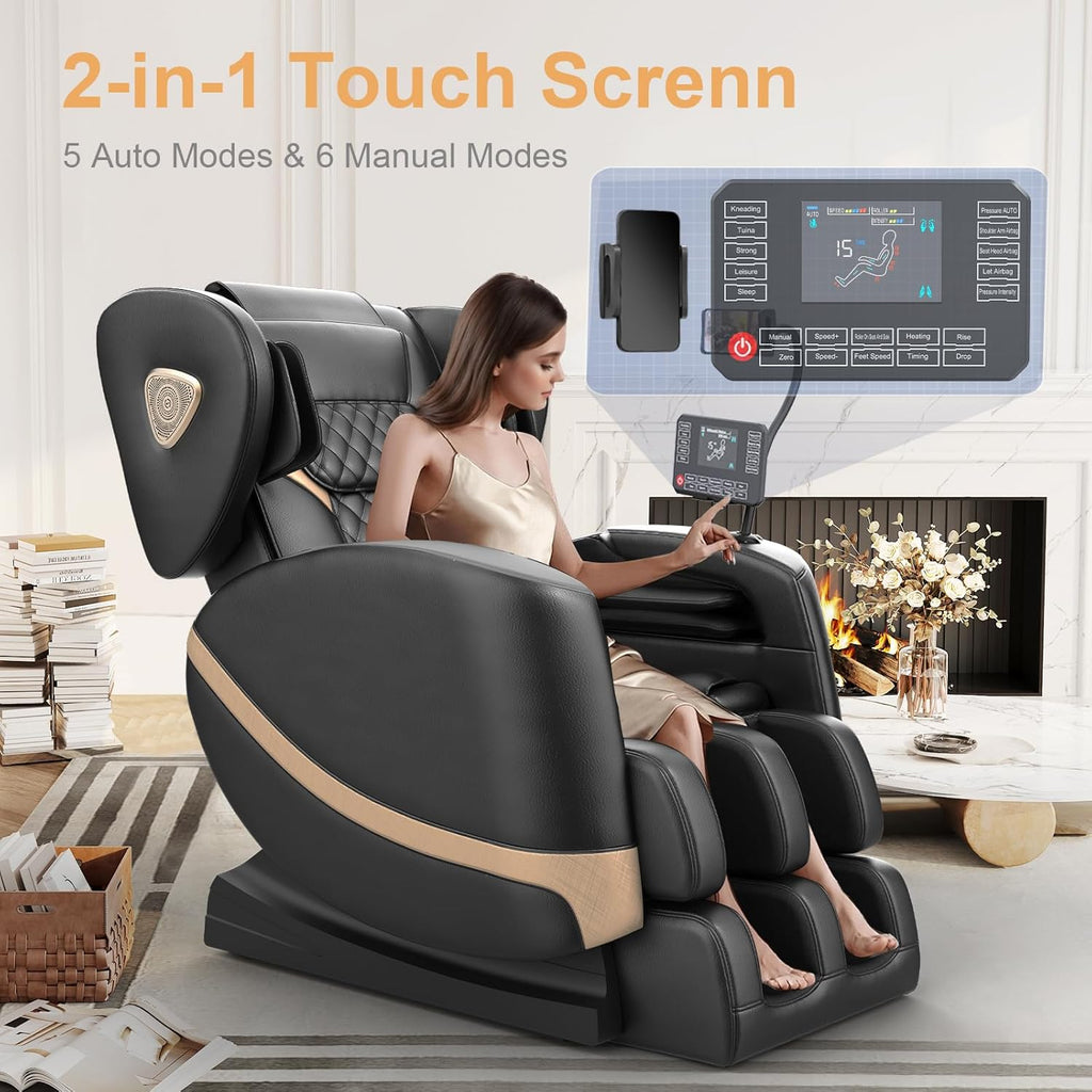 Massage Chair Full Body Zero Gravity Recliner, 2026 Black Leather | 14 Shiatsu Rollers, 10 Airbags, 5 Auto Modes