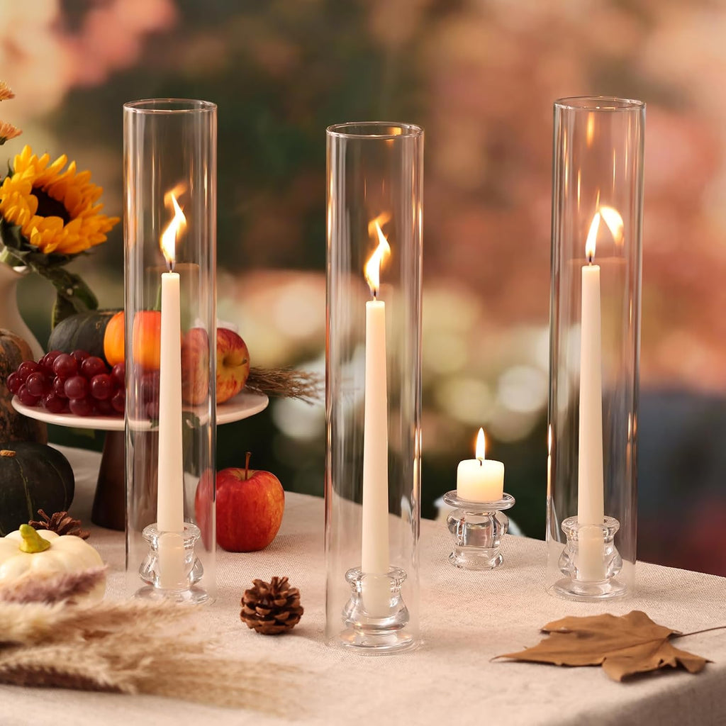 Hurricane Glass Candle Holders- Set of 6 Candlestick Holders for Taper Candles with Windproof Cylinder Covers 14"