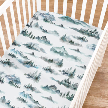 Watercolor Misty Forest Painting Fitted Baby Crib Sheets for Girl Boy 52"x28" Mountain Foggy Crib Mattress Cover Soft