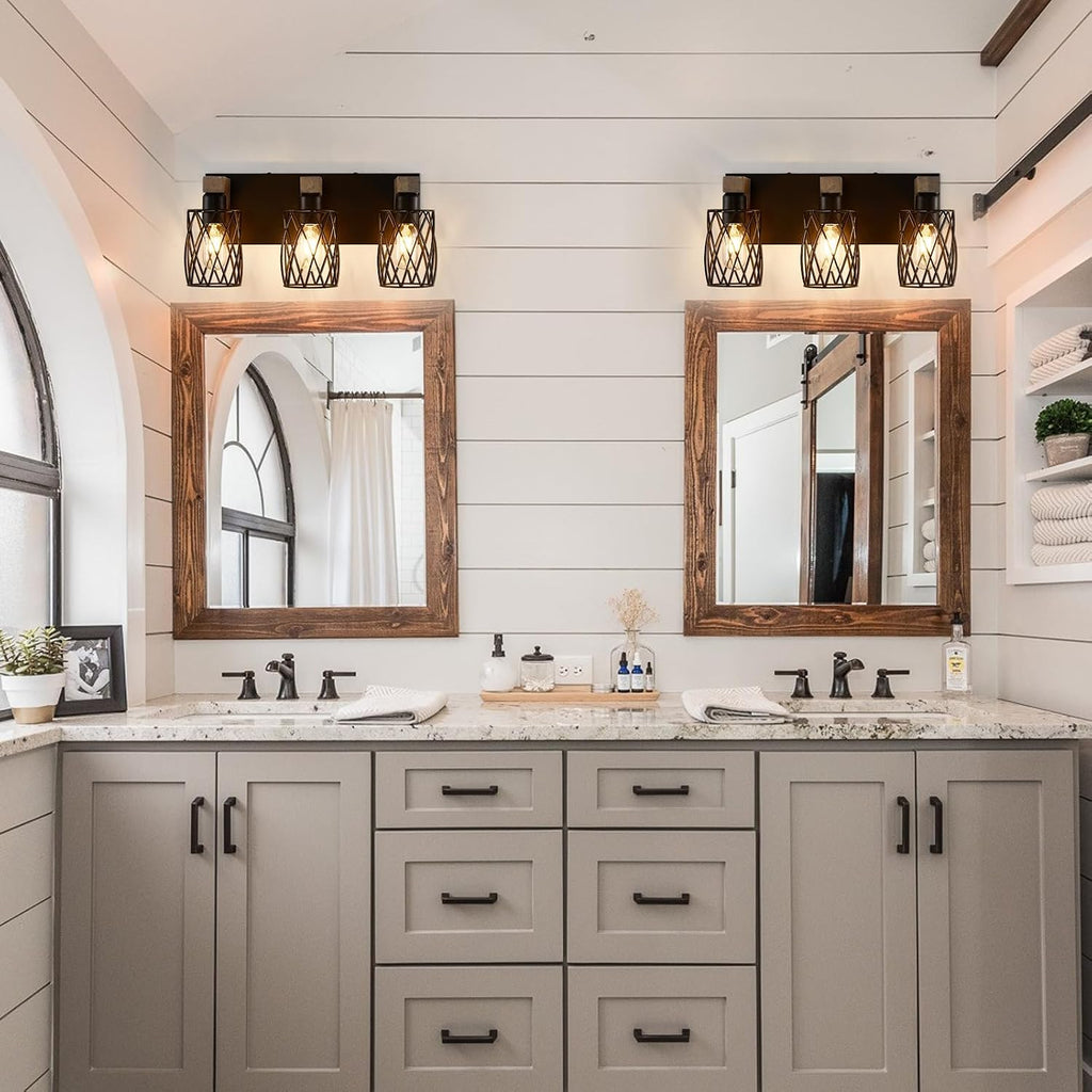 Farmhouse Bathroom Vanity Light, 3-Light Wood Bathroom Light Fixtures Over Mirror, Black Industrial Vanity Lights