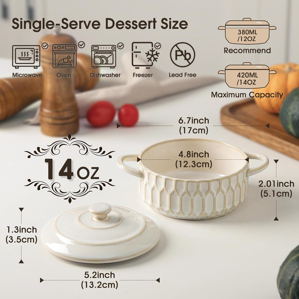 Mini Cocotte Set of 4, 14 oz Ceramic Casserole Dishes with Lids | Individual Dishes for Mini Sourdough, French Onion