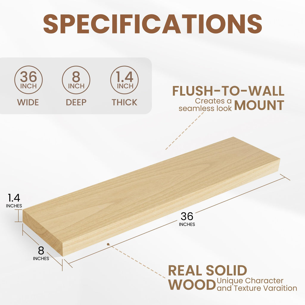 Rustic Real Wood Floating Shelves, 8 Inch Deep Floating Shelf Wall Mounted, 36" W x 8" D Wall Shelves Storage Shelves