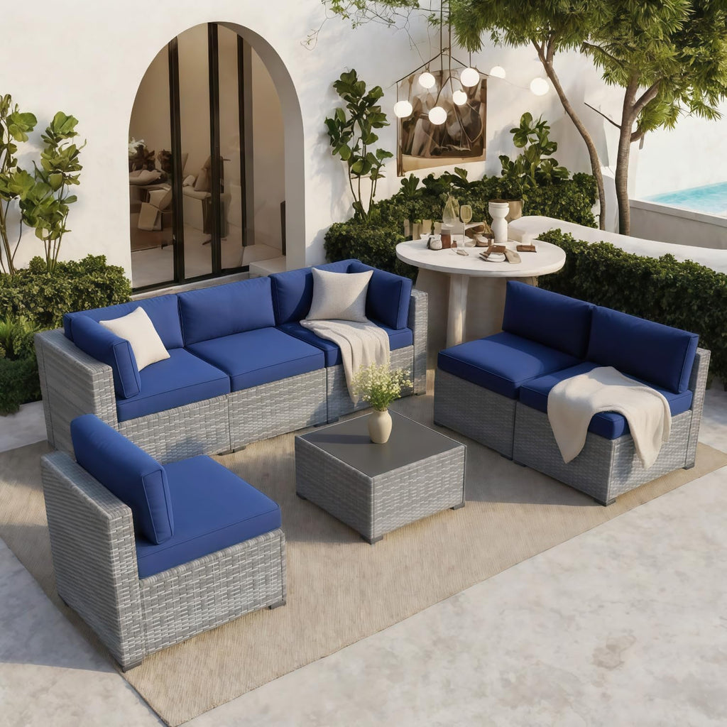 7-Piece PE Rattan Outdoor Patio Furniture Set - Dining | Grey with Thick Cushions for Backyard, Garden & Porch