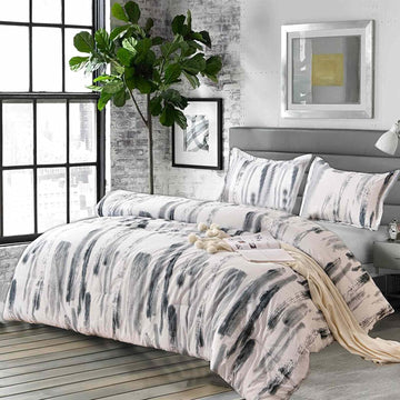 Queen Comforter Set 3pc, Art Grey White Printed Pattern Reversible Down Alternative Microfiber Bedding - All Season