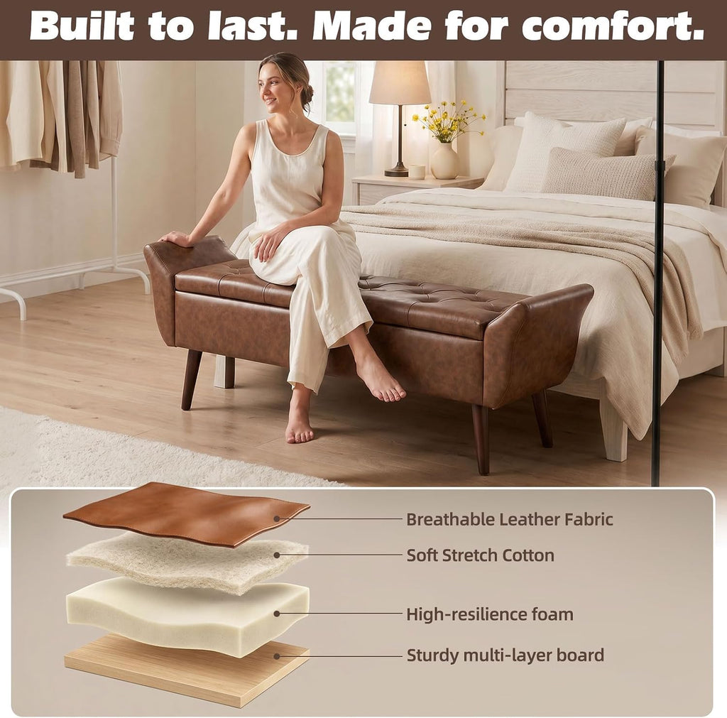 Storage Ottoman Bench 64'' Leather End of Bed Bench Easy-to-Assemble