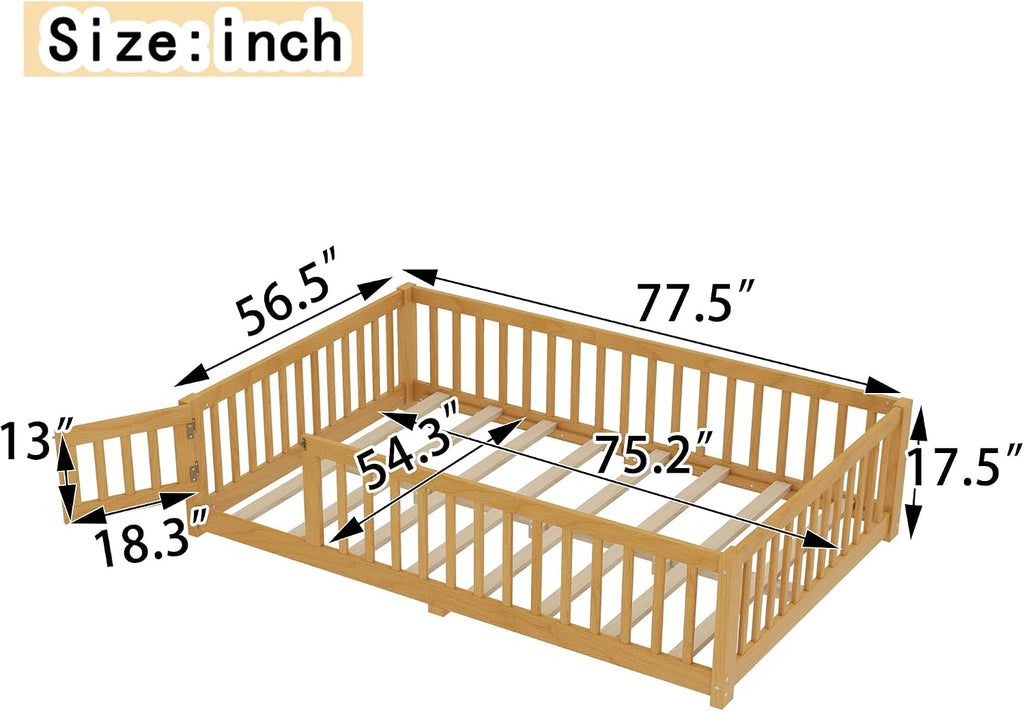 Full Size Montessori Floor Bed with Slats and Center Support Bar, Full Size Floor Bed with Door and Fence, Easy