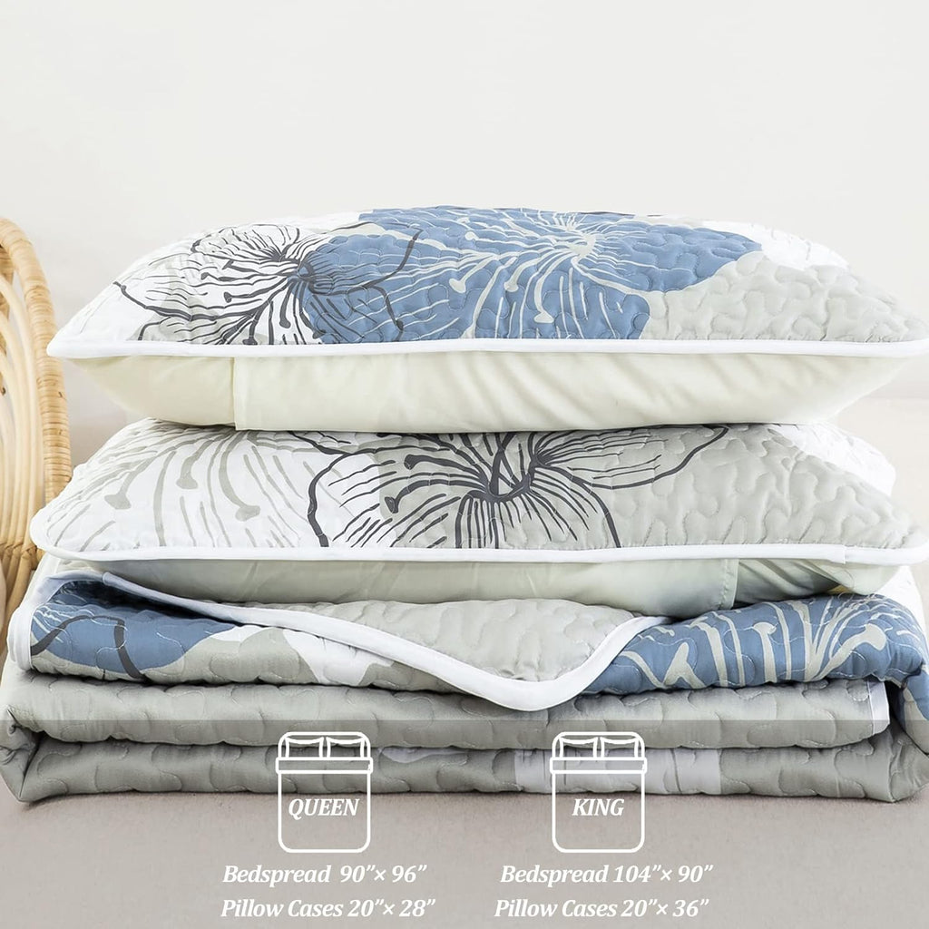 3 Pieces Quilt Set Floral Pattern Coverlet Elegant Boho Bedspread with 2 Pillow Shams Lightweight Microfiber