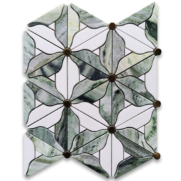 Thassos White Sagano Vibrant Green Marble Lily Bouquet Flower Leaf Mosaic Tile w/Brass Pistil Honed Kitchen Bath Wall