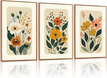 Boho Floral Botanical Framed Canvas Wall Art Set,Abstract Vintage Beige Wall Decor,Minimalist Wildflowers Artwork