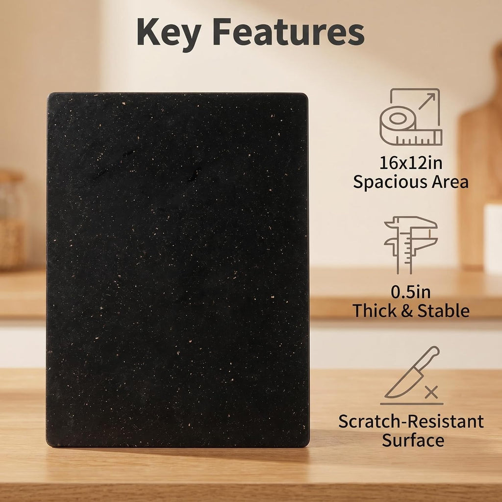 Granite Cutting Board 16×12 Inch black | Natural stone, 0.59" thick, non-slip feet, stay cool for dough/butter, ideal