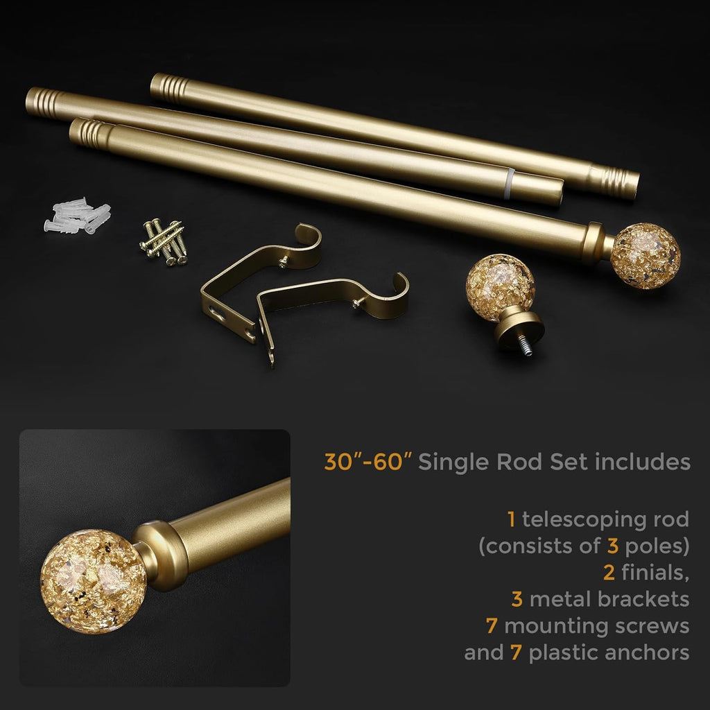 Gold Curtain Rods for Windows, 1'' Heavy Duty Adjustable Drapery Rod with Unique Crystal Ball Finials