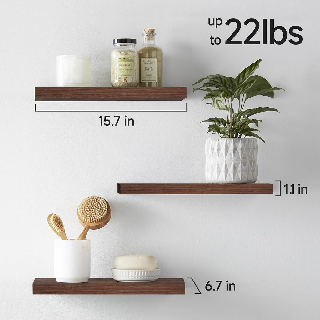 Walnut-Like Floating Shelves 15.7in, 3 Pack, Wall Mount Rustic Shelf | 22lbs Max Load, Hidden Bracket, Bedroom