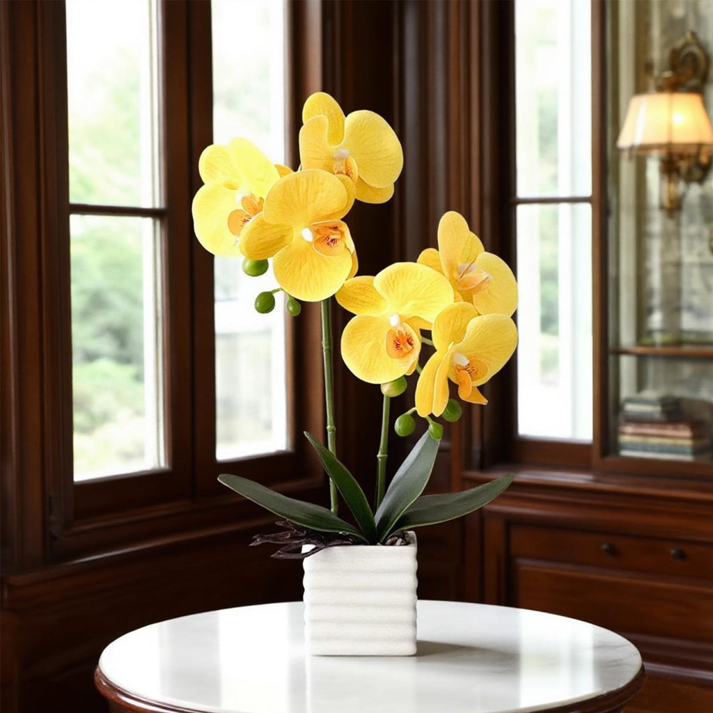 Artificial Orchids Decor Indoor with Vase Orchids Artificial Flowers Yellow Orchid Height 14 inches