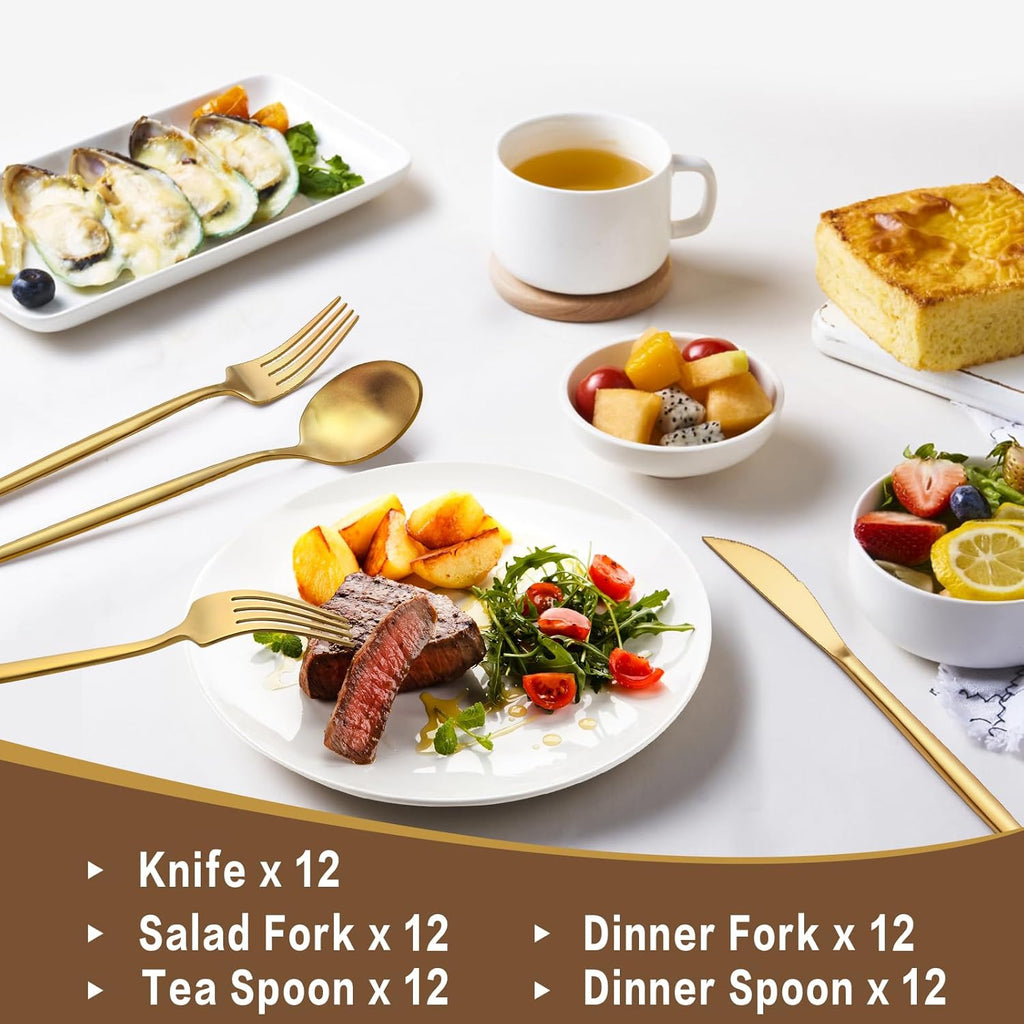 60-Piece Gold Silverware Set, Flatware Set for 12, Food-Grade Stainless Steel Cutlery, Includes Spoons Forks Knives