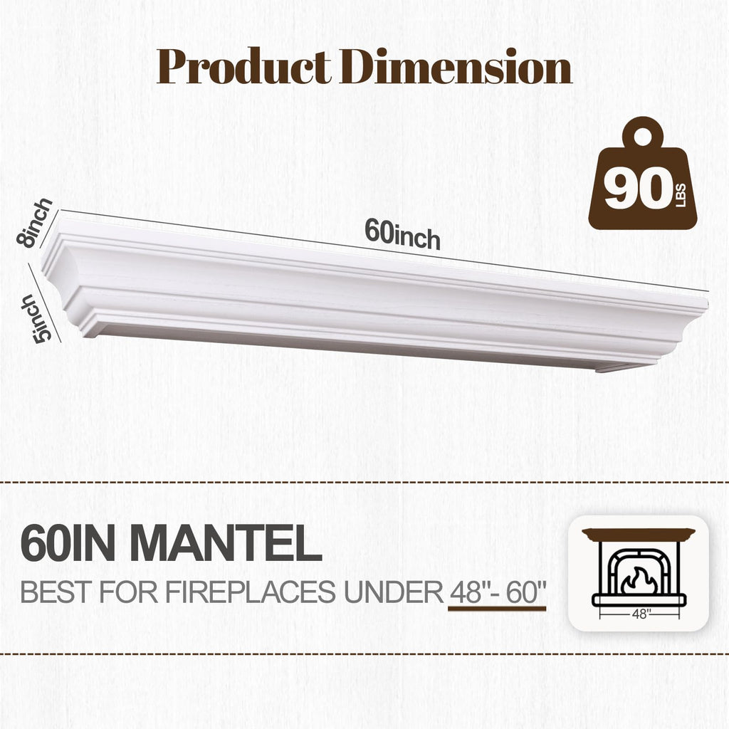Rustic Fireplace Mantel 60", Solid Wood Floating Shelf, White
