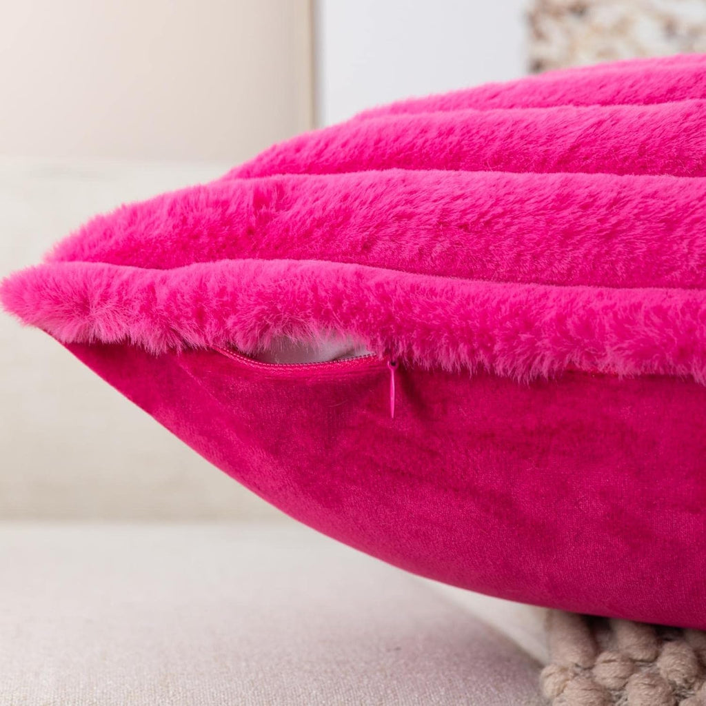 Set of 2 Hot Pink Faux Fur Decorative Throw Pillow Covers Fluffy Striped Pillowcase Cushion Covers 18 x 18 Inch Decor