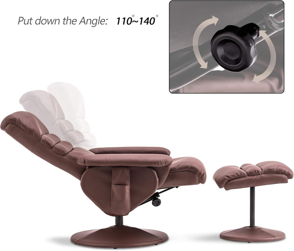 Modern Reclining Swivel Lounge Chair and Ottoman — Brown Faux Leather