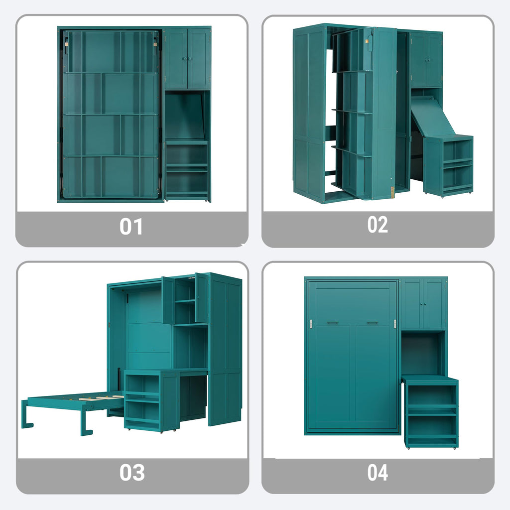 Twin Size Murphy Bed, Rotating Wall Murphy Beds with Bookshelf, Top Cabinet, Extendable Desk, Teal