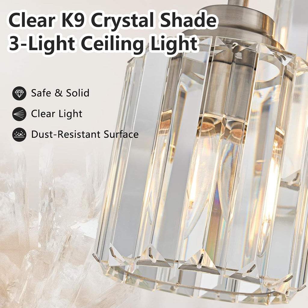 Brushed Nickel Semi Flush Mount Ceiling Light, 3-Light Modern Crystal Chandelier with Clear K9 Crystal Shades