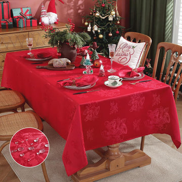 Christmas Tablecloth Jingle Bell Holly Berry Jacquard Washable Stain Resistant Damask Table Cloth, Soft Fabric Table