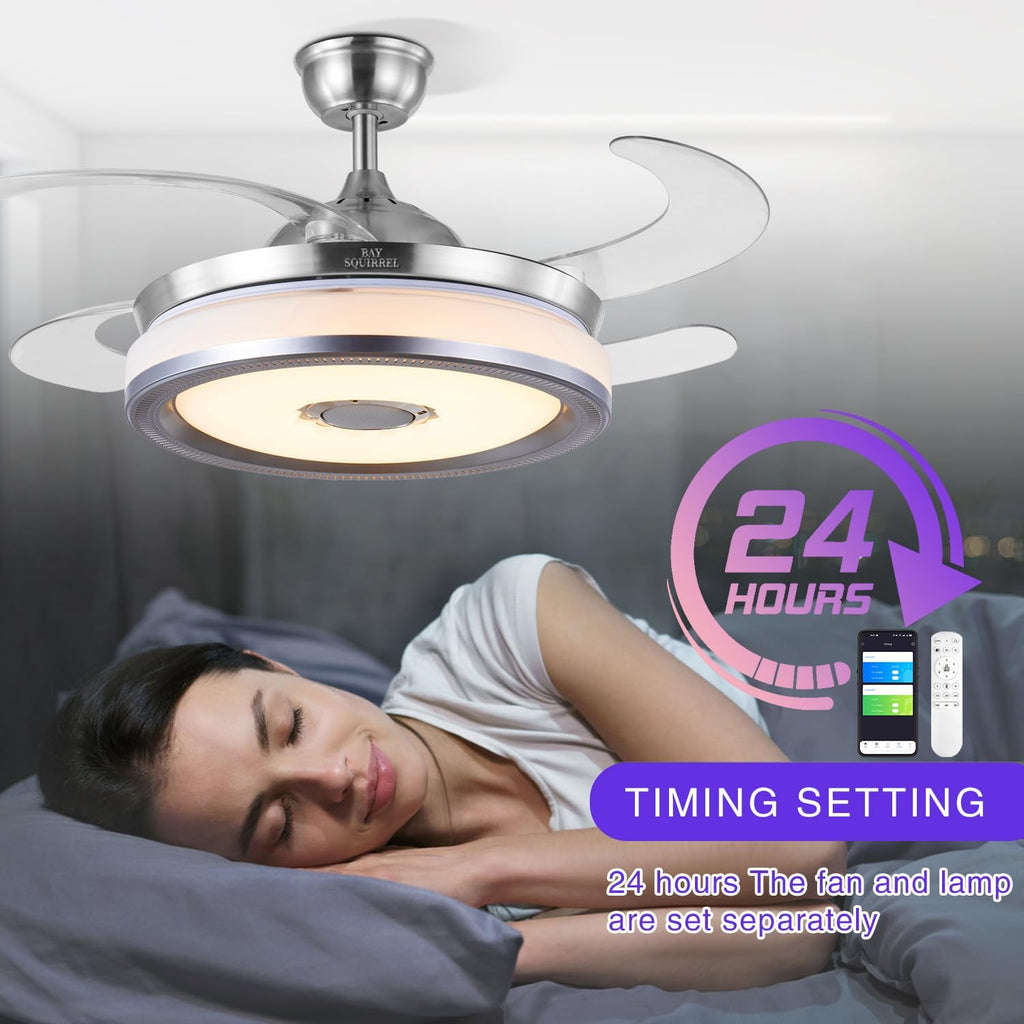 Retractable Bluetooth Ceiling Fan with Light and Speaker, Flush Mount Ceiling Fans