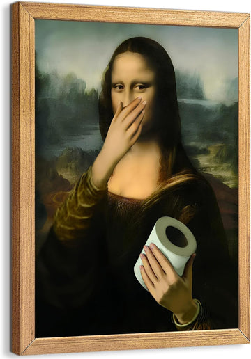 Wood Framed Funny Bathroom Canvas Wall Art Vintage Mona Lisa Wall Decor Humor Toilet Paper Pinching Nose Prints