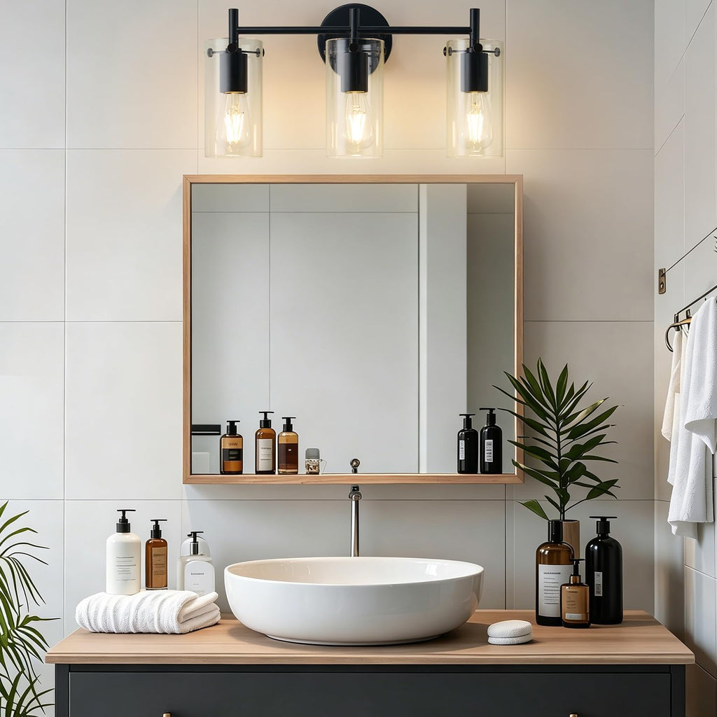 Bathroom Light Fixtures, 3-Light Matte Black Vanity Light, Black Bathroom Lights Over Mirror with Clear Glass Shade