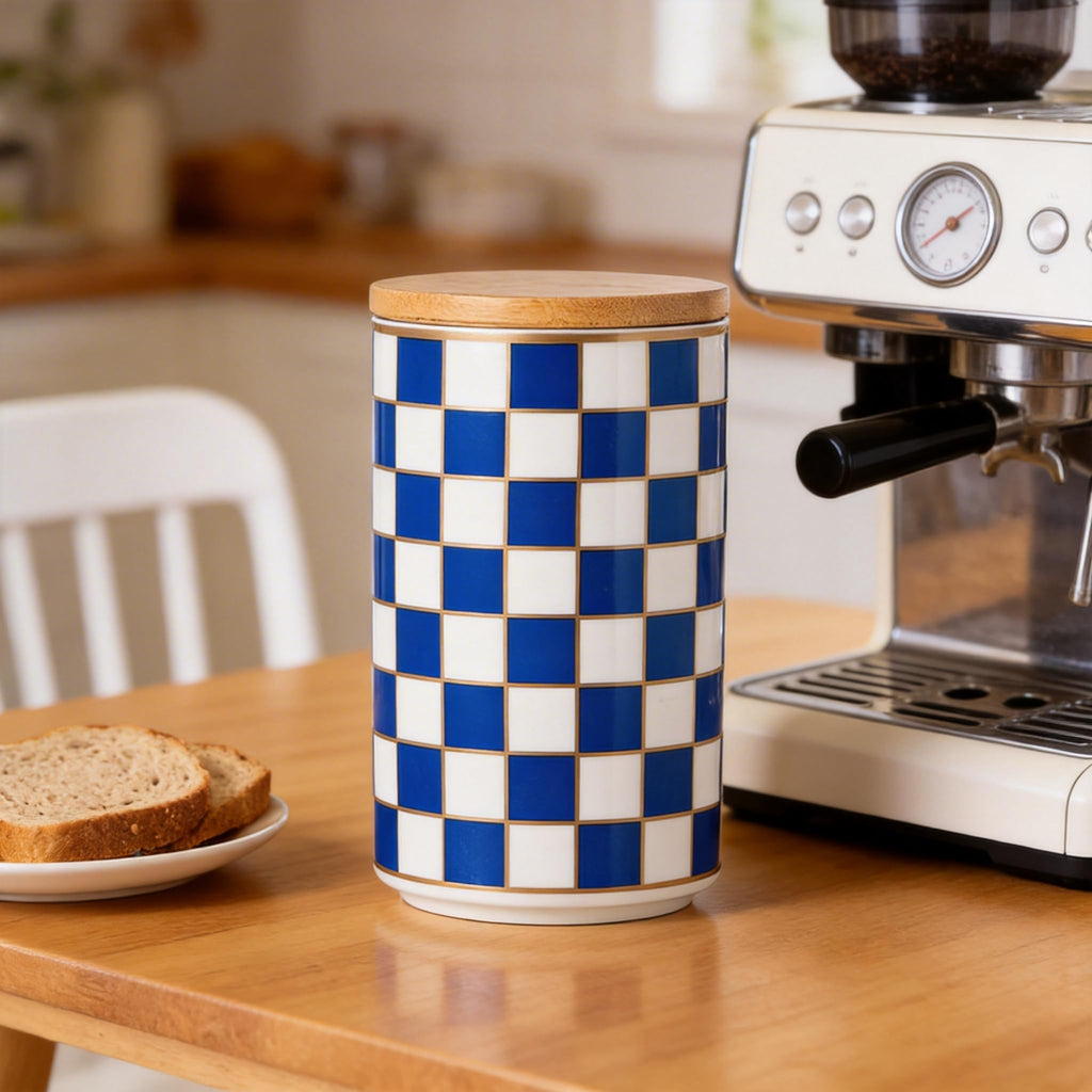 Checkered Airtight Ceramic Canister with Bamboo Lid for Food Storage